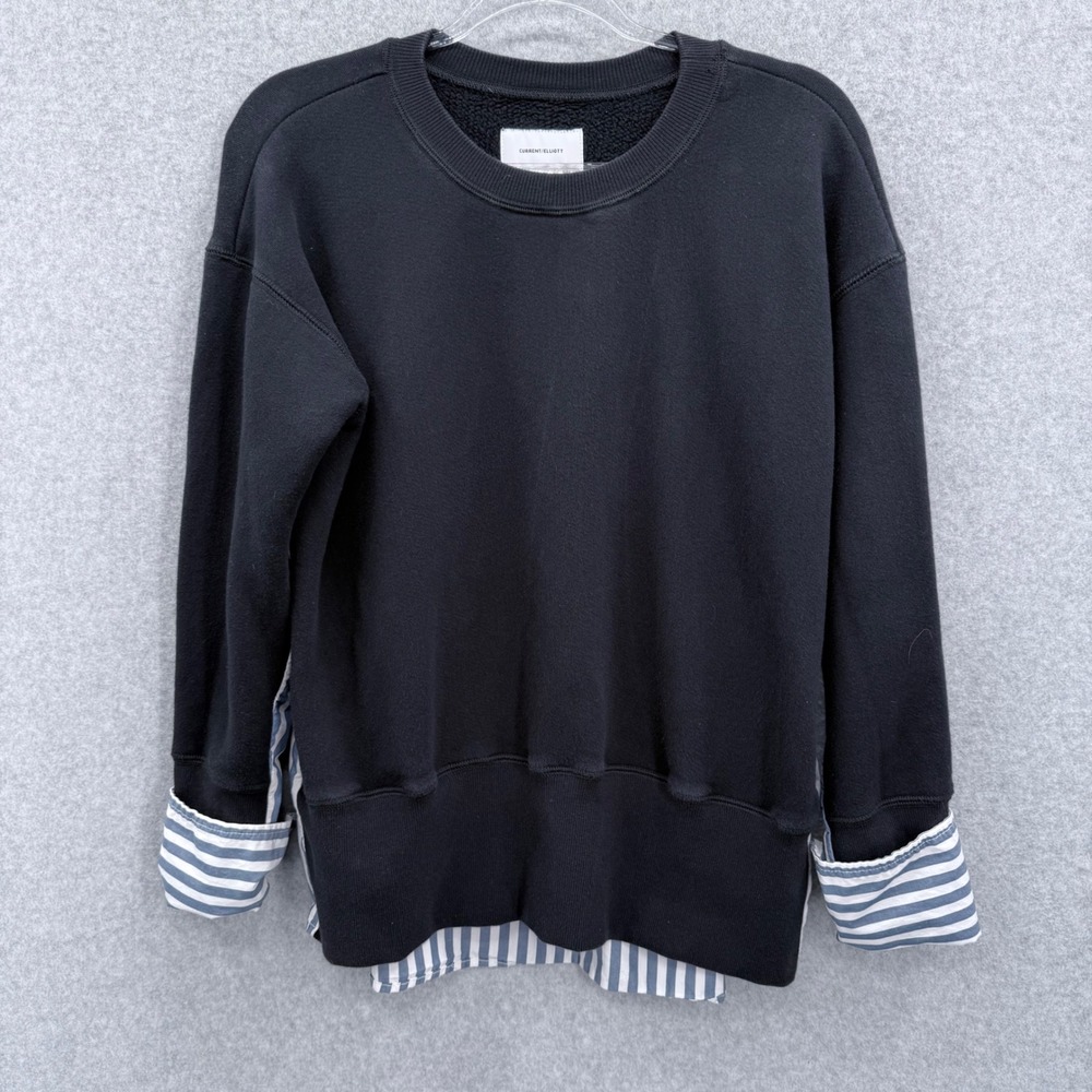 Current/Elliott‎ Mixed Media Sweatshirt Women 0/XS Black Blue Stripe Layer